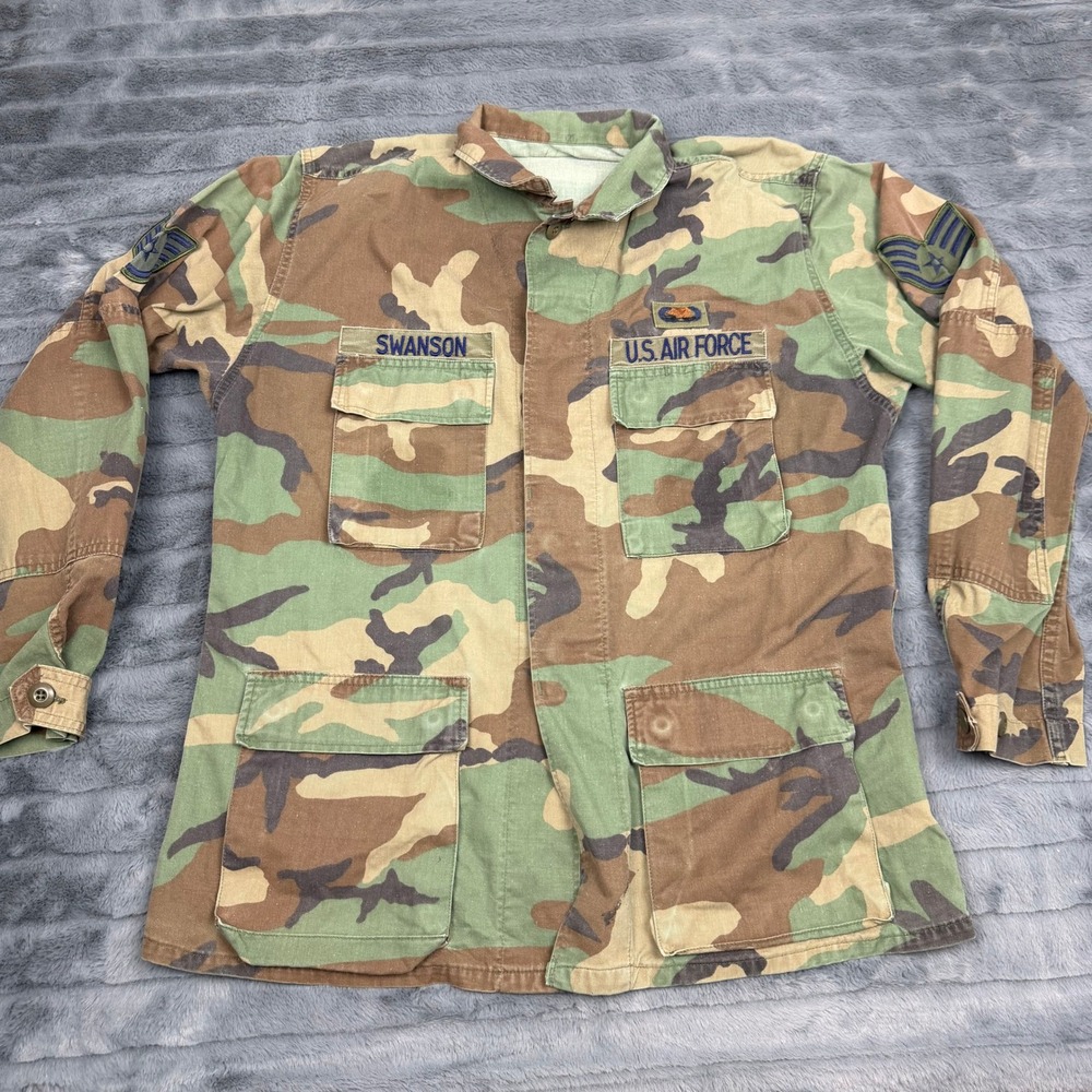 US Air Force Woodland Camo BDU Jacket Combat Coat 1988 American Apparel Mens L